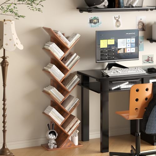 10-Tier Tree Bookshelf, Narrow Tall Wood Bookcase for Small Spaces