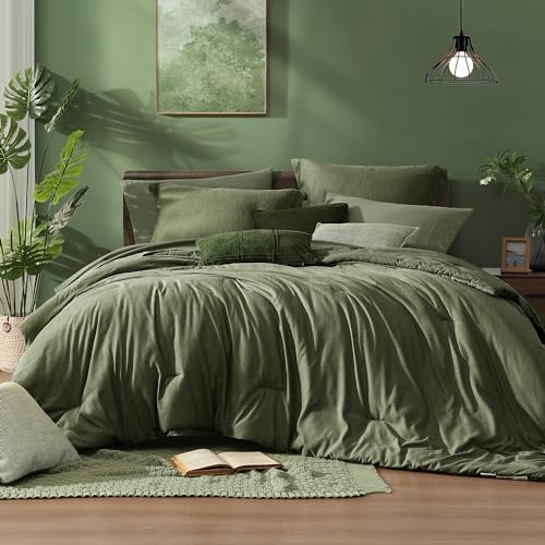 King Size Comforter Set - 7-Piece Olive Green Bed in a Bag Bedding