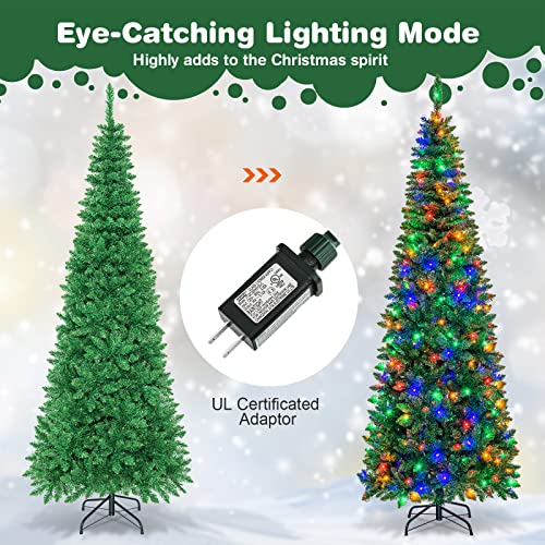7.5FT Prelit Pencil Christmas Tree, Slim Hinged Fir Tree with 350 LED Lights