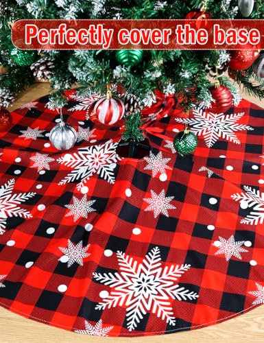 48-Inch Red & Black Buffalo Plaid Christmas Tree Skirt with Snowflake Pattern
