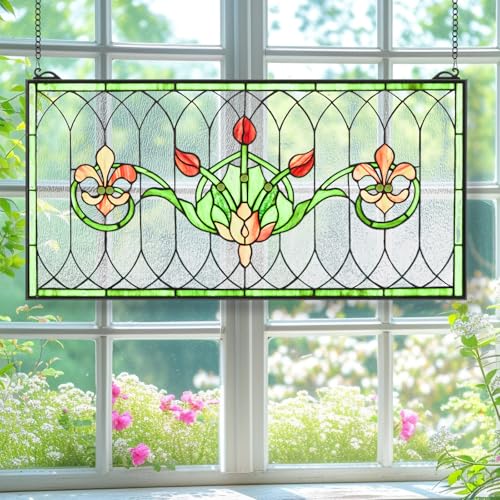 32"x16" Handcrafted Stained Glass Transom Window Panel - Floral Design