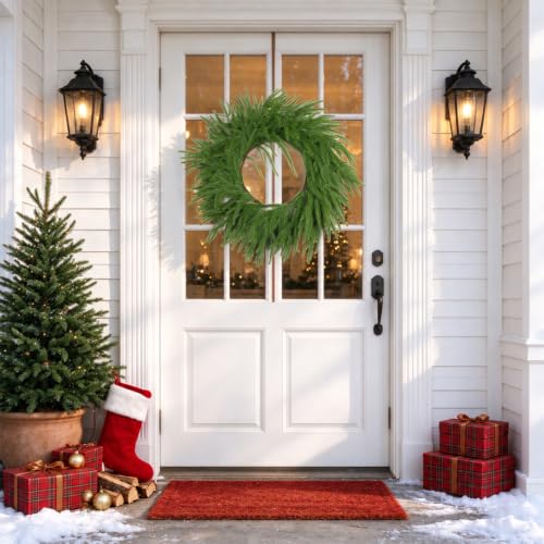 24in UXORSN Green Norfolk Pine Wreath - Artificial Christmas Front Door Decoration