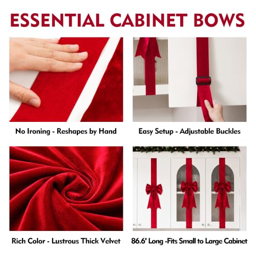 Senjie Red Velvet Cabinet Bows 8-Pack for Kitchen & Holiday Decor - Fits Most Cabinets