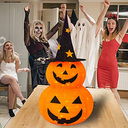 FUNPENY 3ft Lighted Halloween Collapsible Pumpkin with Star Hat, 50 LED Indoor Outdoor Decor