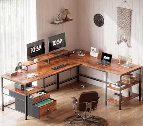 66-Inch L-Shaped Computer Desk with Power Outlet, File Drawer and Monitor Stands