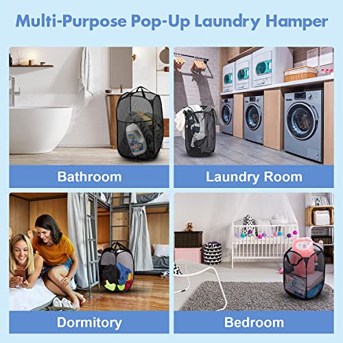 70L Pop Up Laundry Hamper, Collapsible Mesh Basket with Side Pocket