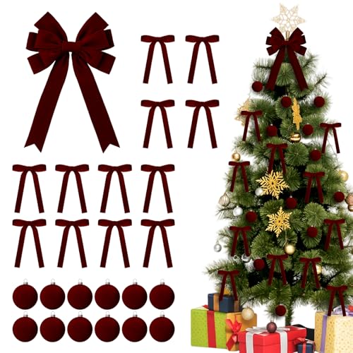 Knitgrip Burgundy Velvet Christmas Tree Topper & Ornaments Set - Large Bow & Balls