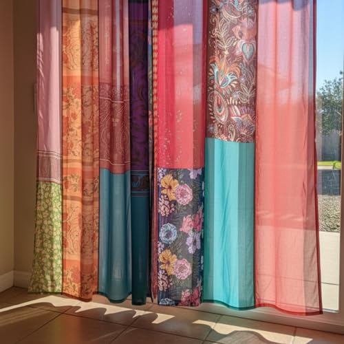 Multicolor Indian Silk Blend Sari Curtains - 2 Panels 84x42 Inches