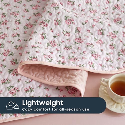 Wake In Cloud Pink Floral Quilt Set - Queen/Full Reversible Bedspread 3-Piece