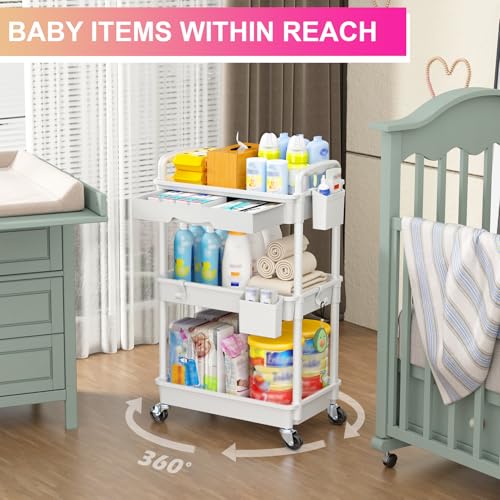 Goovilla 3 Tier Rolling Utility Cart with Removable Drawer, White