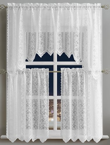 White Lace Kitchen Curtains 3-Piece Set with Valance & Tiers