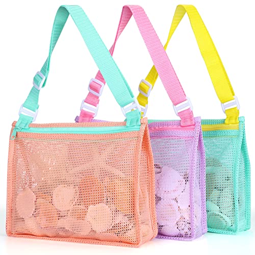 Kids Mesh Beach Bags for Shell Collecting - Adjustable Sand Toy Bags, Set of 3