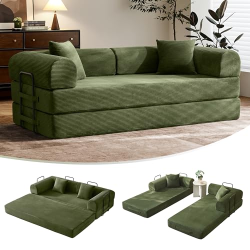 SAVENICA 79-Inch Olive Green Convertible Futon Sofa Bed - 5-in-1 Modular Couch for Living Room