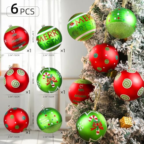 Lanpn 6 Pack 4-Inch Large Outdoor Christmas Ornaments - Red & Green Glitter Ball Decorations for Lawn & Holiday Parties (Style A, 6 pcs)