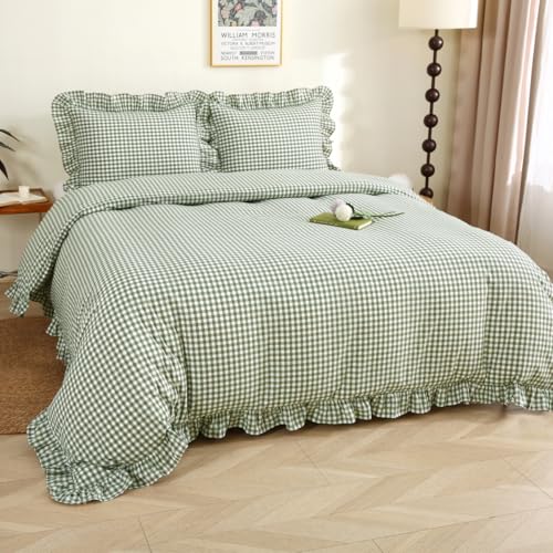 Sage Green Plaid Ruffle Duvet Cover Set - 100% Cotton, Full Size