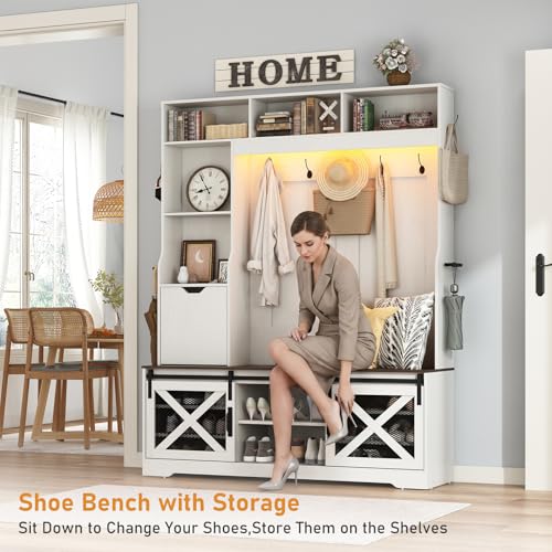 Large LED Farmhouse Hall Tree with Entryway Bench and Shoe Storage