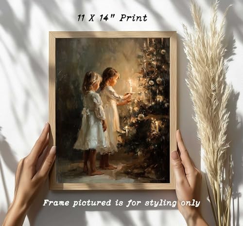 Japrex 11x14 Nostalgic Victorian Christmas Wall Art – Candlelit Tree & Children Print, Unframed
