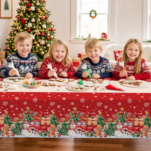 Christmas Snowman Red Disposable Plastic Tablecloths 54 x 108 Inch, Pack of 3 — Winter Holiday Party Supplies