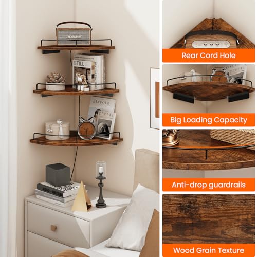 3-Piece Wall Mounted Corner Floating Shelves with Guardrail, Rustic Brown