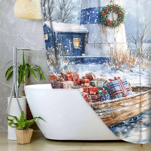 Winter Lighthouse Shower Curtain 70x70 in - White with Hooks | Jipusai
