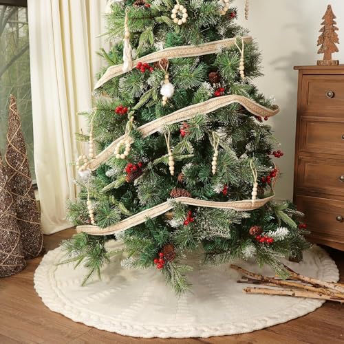48 Inch Cable Knit Christmas Tree Skirt - Cream White Rustic Farmhouse Decor