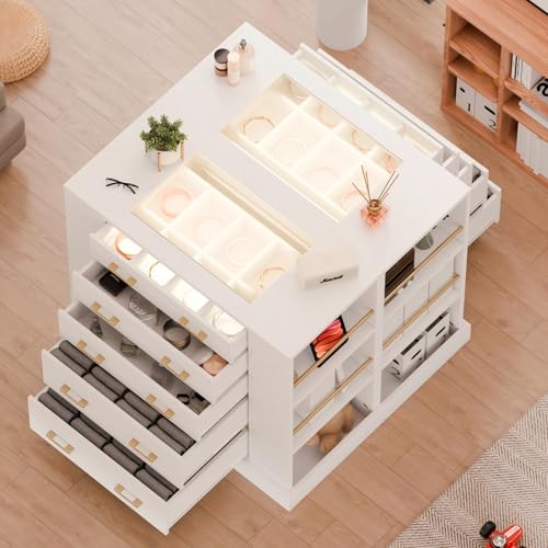 White Closet Island with Glass Top, LED Lights and Jewelry Storage Drawers