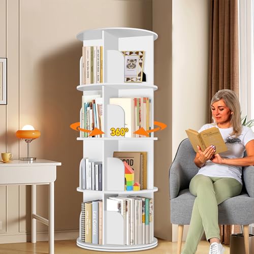 4-Tier Rotating Bookshelf Tower, 360° Spinning Bookcase Storage Organizer