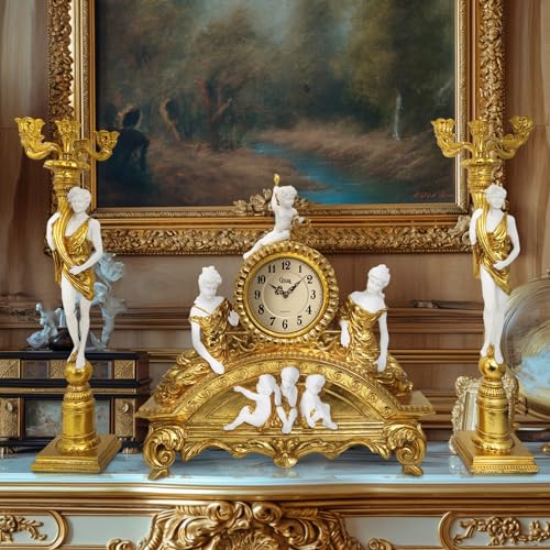 GENUINQ 23 Inch Vintage French Rococo Mantel Clock with Candleholders Set