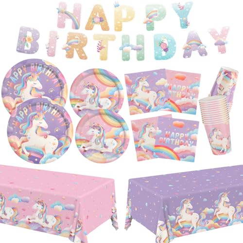Unicorn Birthday Party Supplies Kit for 24 Guests with Banner and Tablecloth