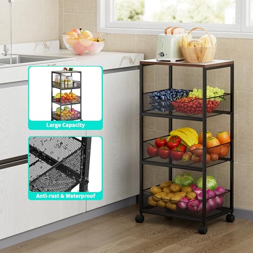 HapiRm Black 4-Tier Rolling Fruit & Vegetable Storage Cart with Wooden Top