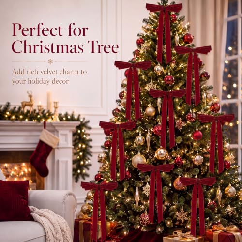 Giegxin Burgundy Velvet Christmas Bow Ornaments 8 x 13 Inches, Set of 12