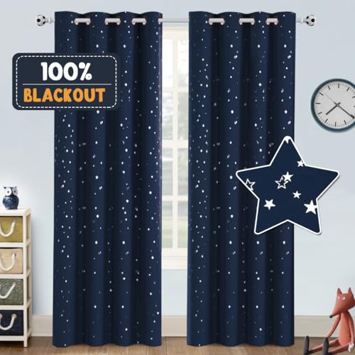 Blackout Star Print Kids Curtains, Thermal Insulated Window Drapes, 52x84