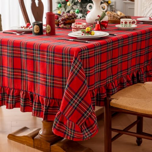 Joyfol Day Christmas Plaid Ruffled Tablecloth 120 x 60 Inch Rectangular, Red