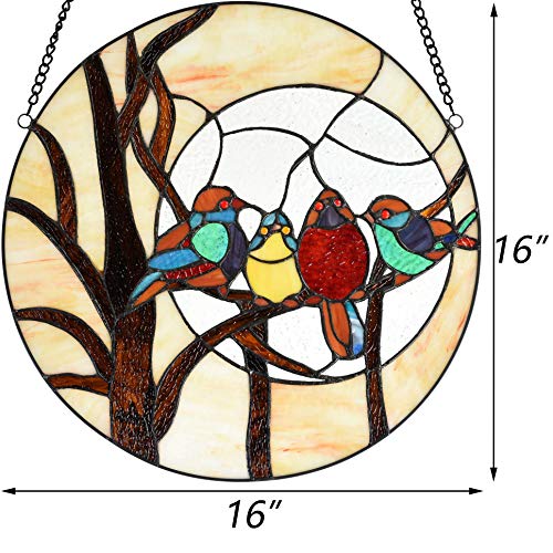 Handmade 16-Inch Round Stained Glass Window Panel - Birds on Tree Branch