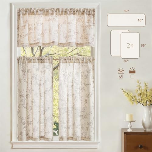 Floral Kitchen Tier Curtains and Valance Set - 3 Pieces, 36-Inch