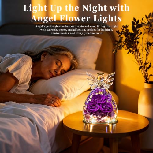 Preserved Real Rose Glass Angel Figurine with LED Lights - Gift for Mom
