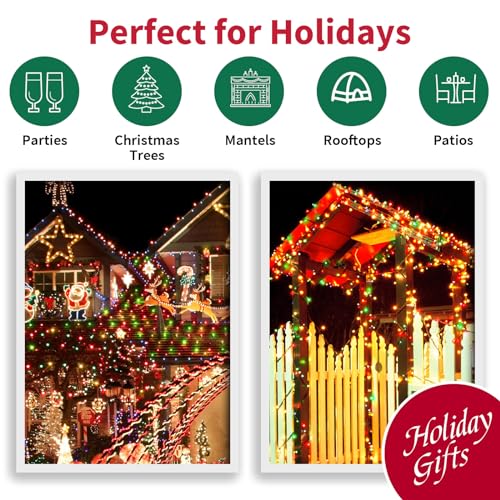 LAMPHOME 100LED Extendable Christmas String Lights - Warm White, Green & Red, 19.6ft Outdoor Decor