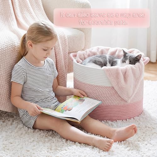 70L Large Cotton Rope Basket - Woven Blanket & Toy Storage Hamper, Pink