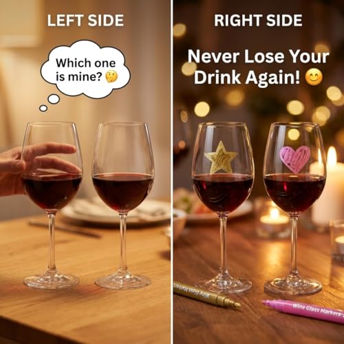 Wine Glass Markers - 8 Metallic Washable Pens for Drinks & Glasses