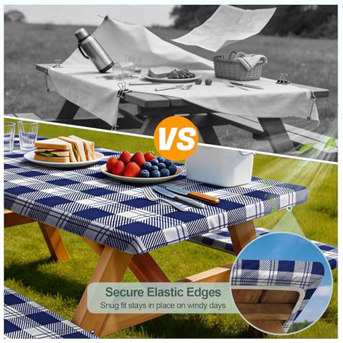 Waterproof Fitted Picnic Table Cover with Bench Covers - 6ft Blue Checkered