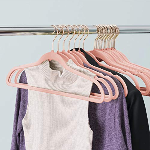 VECELO Premium Velvet Suit Heavy Duty-Non Slip & Space-Saving Clothes Hangers with 8 Finger Clips and Tie Rack for Men and Women (60 Pack), Pink