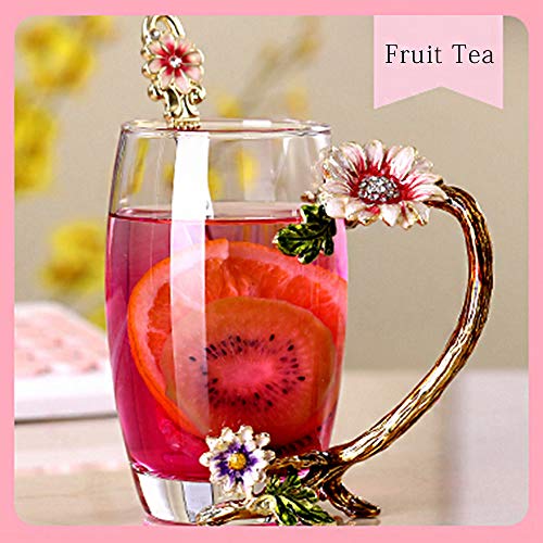 11oz Enamel Sunflower Crystal Lead-Free Glass Tea Cup & Spoon Set – Perfect Gift for Christmas & Valentine's Day
