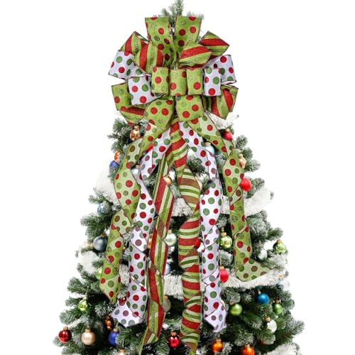 Large Green & Red Dot Christmas Tree Topper Bow, Wired Ribbon (45" x 13")