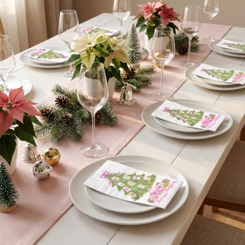 Wrapaholic 50Pcs Christmas Tree Pink Mahjong Paper Napkins - Holiday Disposables