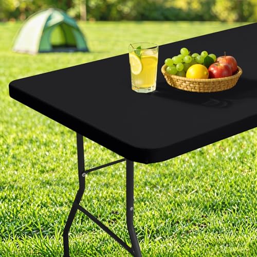 6 Foot Black Elastic Fitted Tablecloth - Water-Resistant 30" x 72" Table Cover