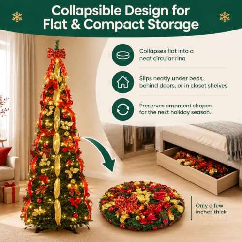 Red 7FT LED Pre-Lit Christmas Tree with Decorations and Metal Stand