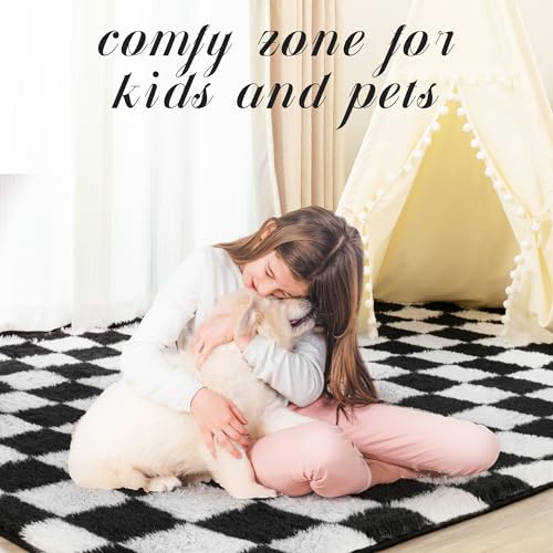 5x7 Ft Checkered Shaggy Area Rug, Soft Fluffy Non-Slip Carpet for Bedroom