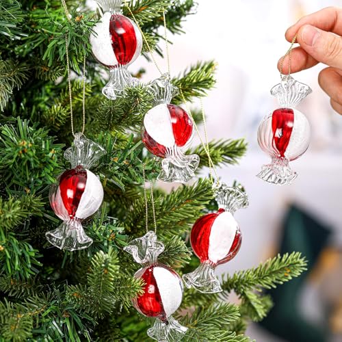 Syhood 6-Pack Christmas Candy Glass Ornaments 3.15 Inch Red & White Decor