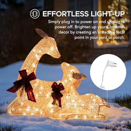 SUNJOY 2-Pack Lying Deer Christmas Holiday Decor with Lights, 3D Tinsel Santa Indoor Outdoor