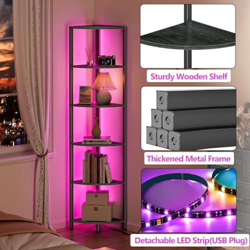 6 Tier Corner Shelf with LED Light, 67.5 Inch Black Tall Bookshelf and Storage Rack for Living Room